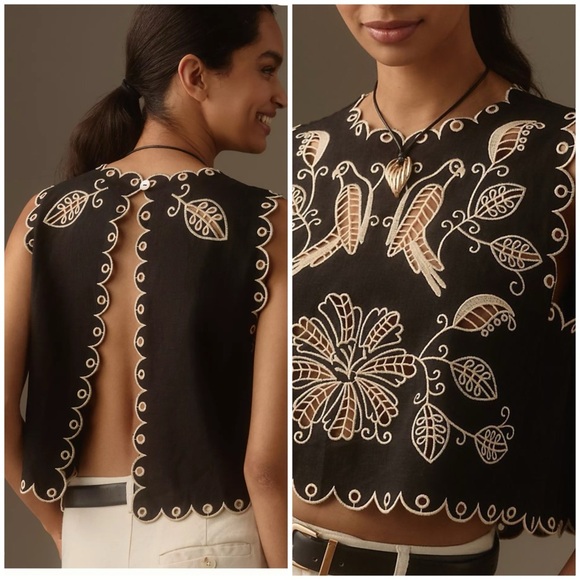 FARM Rio Sleeveless Linen Cutwork
Open-Back Top SZ S - Picture 2 of 9